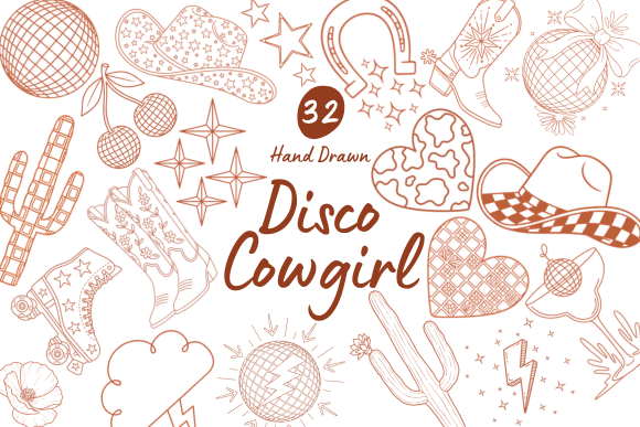 Download 32 Disco Cowgirl Hand Drawn Graphics - Graphic Collection
