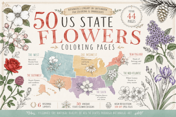 Download 50 US State Flowers Coloring Page Bundle - Flowers Collection