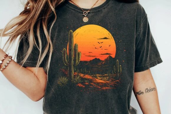 Download Vintage Desert Sunset Cactus Mountain Retro Graphic T-Shirt Design Png - Graphic Collection